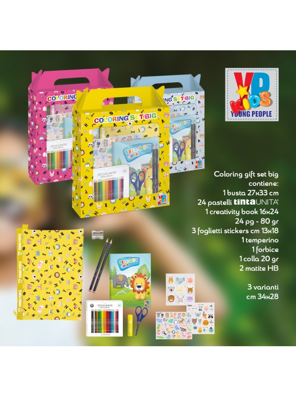 Activity Set per bambini Album da colorare + 24 pastelli + stickers animali + cancelleria